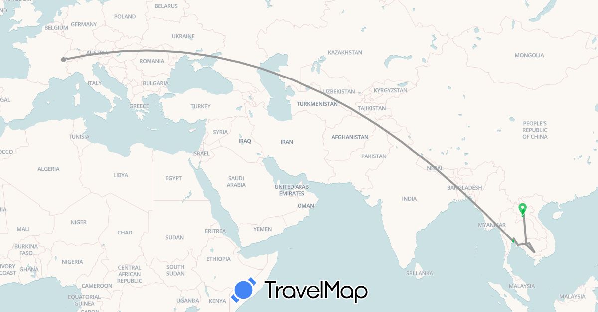 TravelMap itinerary: driving, bus, plane in Switzerland, Cambodia, Laos, Thailand (Asia, Europe)